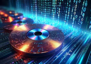 an artists impression of dvd disks converting into binary ones & zeros