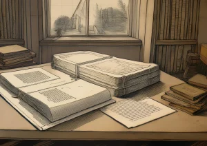 An image of old fashioned proof reading depicting books on a table