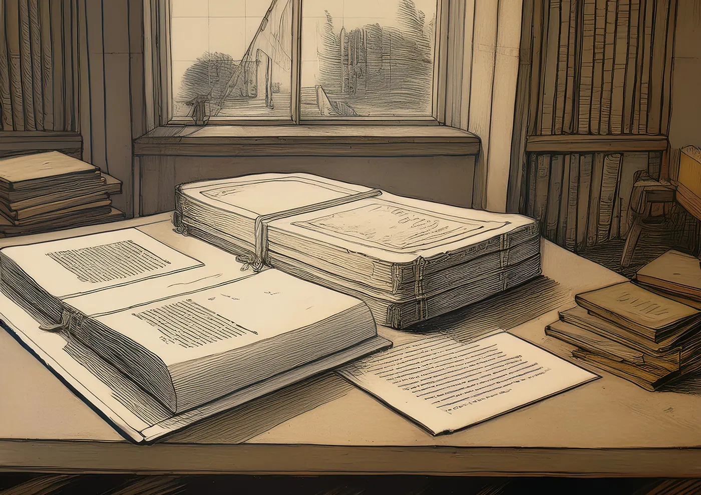 An image of old fashioned proof reading depicting books on a table