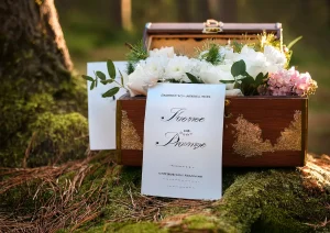An image of some wedding order of service cards in a chest with flowers on the forest floor