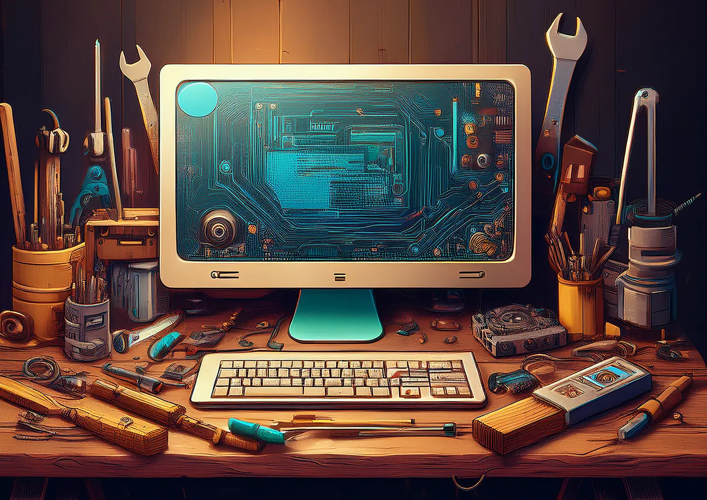 old iMac computer on a wooden workbench surrounded by tools