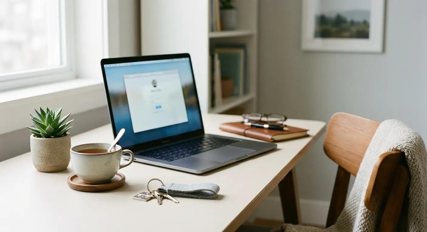 A calm and secure home desk setup with a laptop, a cup of tea, and house keys by a bright window.