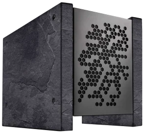 Mockup of The Slate One custom computer case made from Welsh blue-black slate