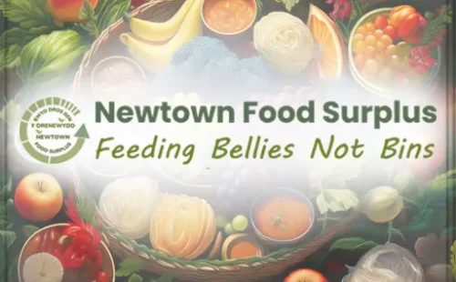 Newtown Food Surplus logo and contact information for local food waste project.