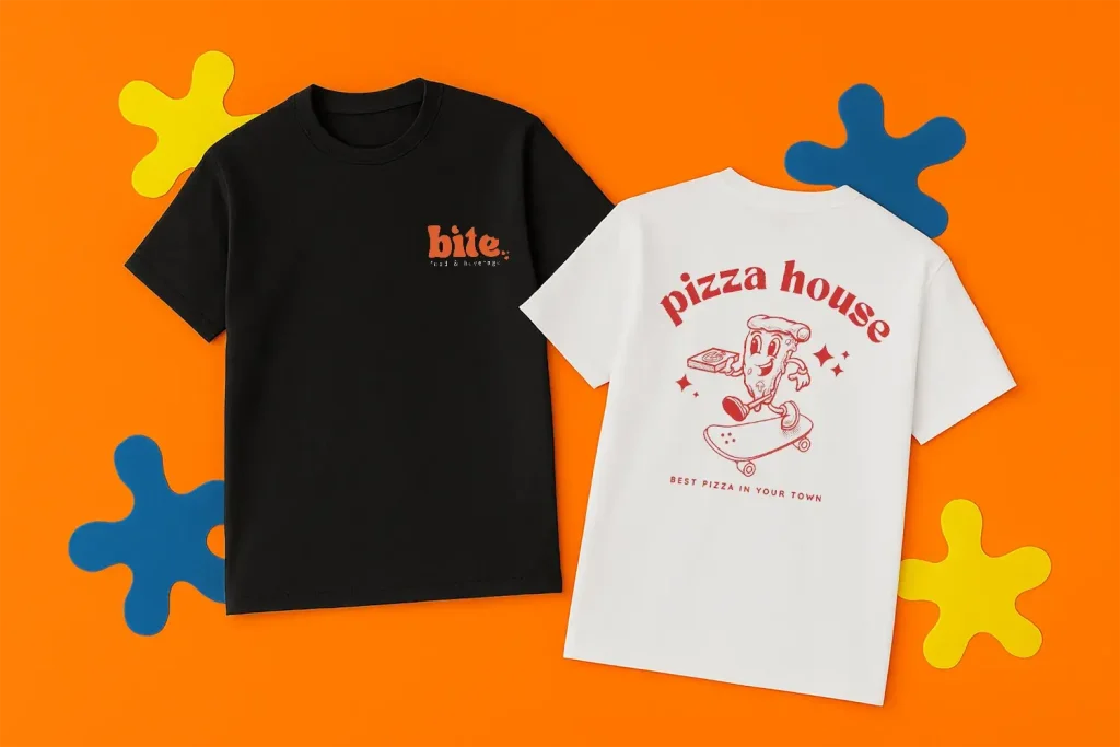 Two printed t-shirts, one black and one white.