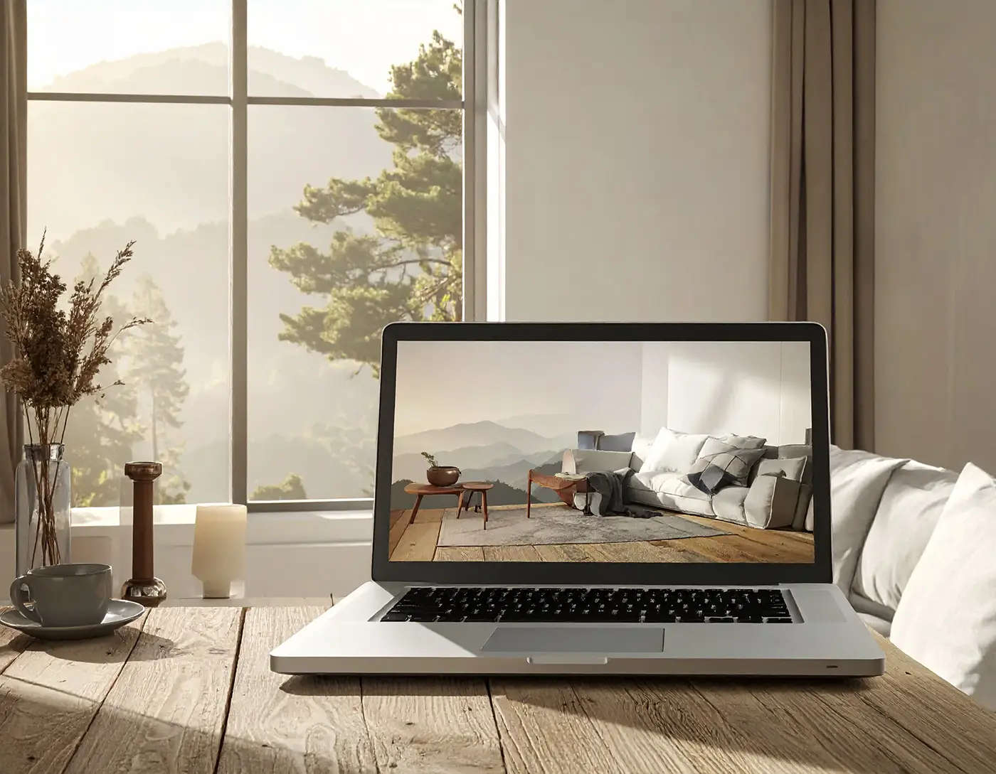 Soothing AI-generaged image of a refurbished laptop in a tranquille scene. There's a cream sofa, a wooden table and a beautiful view out of the window. All suggest the ease of buying a refurbished laptop from Bluesdigital.