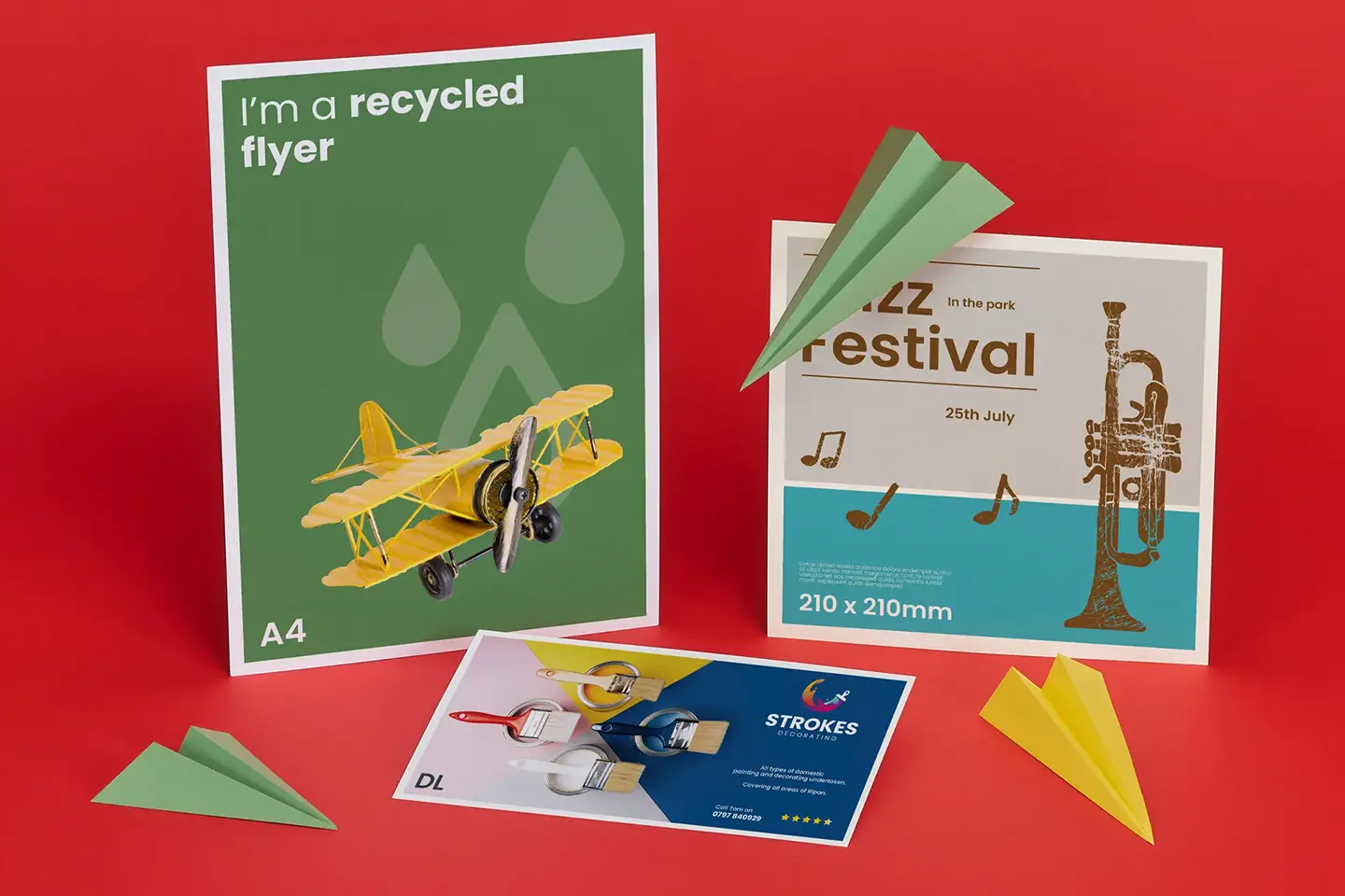 Multiple colourful flyers against a bold red background.