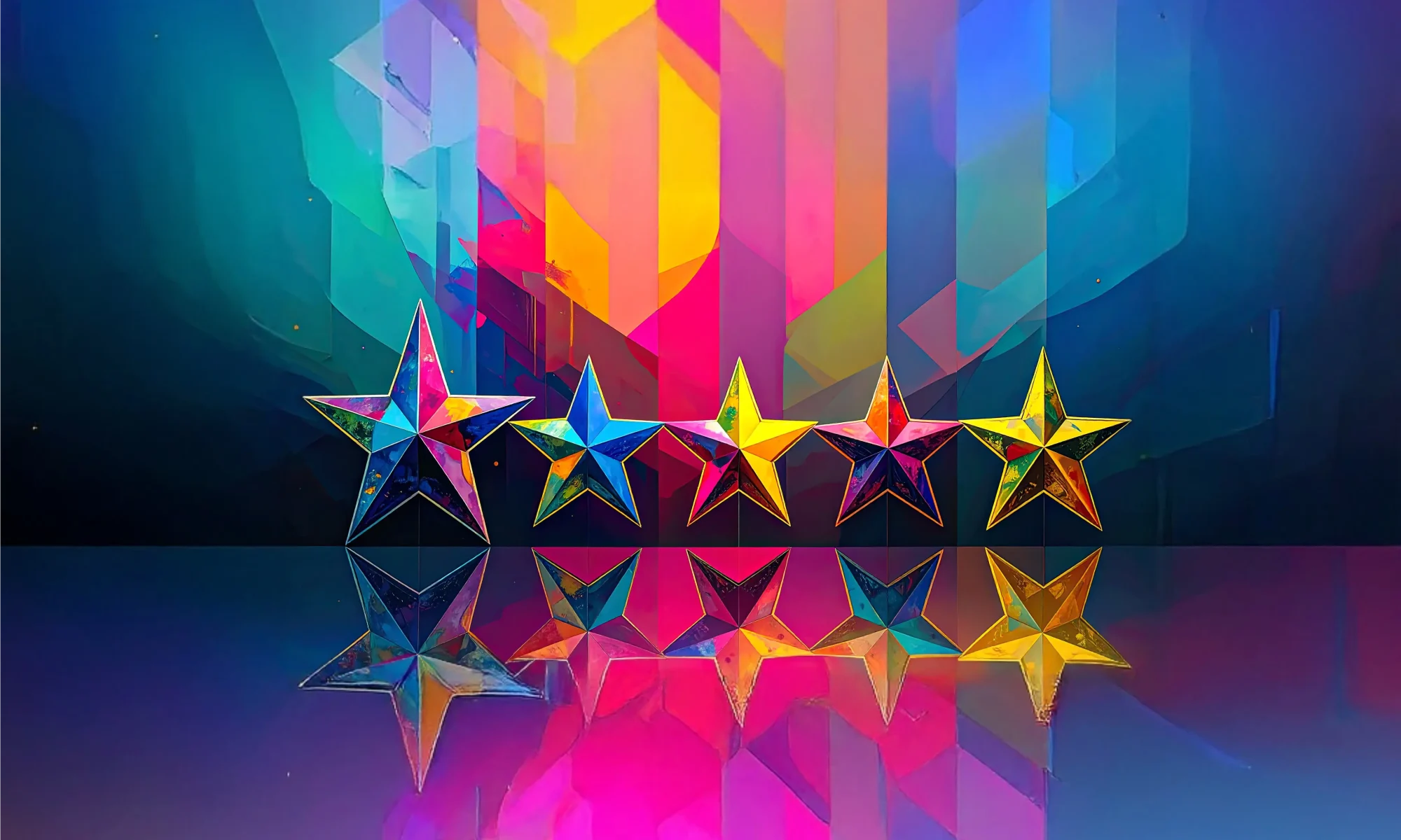 Colourful five-star graphic showing customer reviews for Bluesdigital in Newtown, Powys