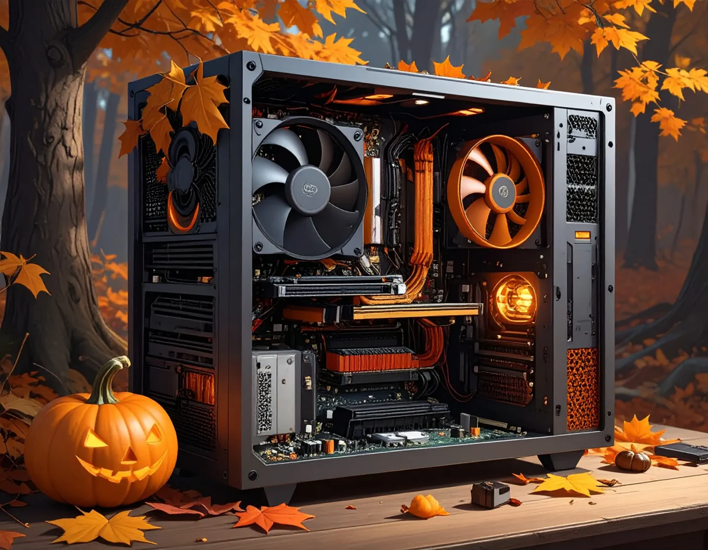 An AI-generated image of an open PC case with all the components in black and orange. The rest of the image shows an autumn scene with a jack-o'-lantern.