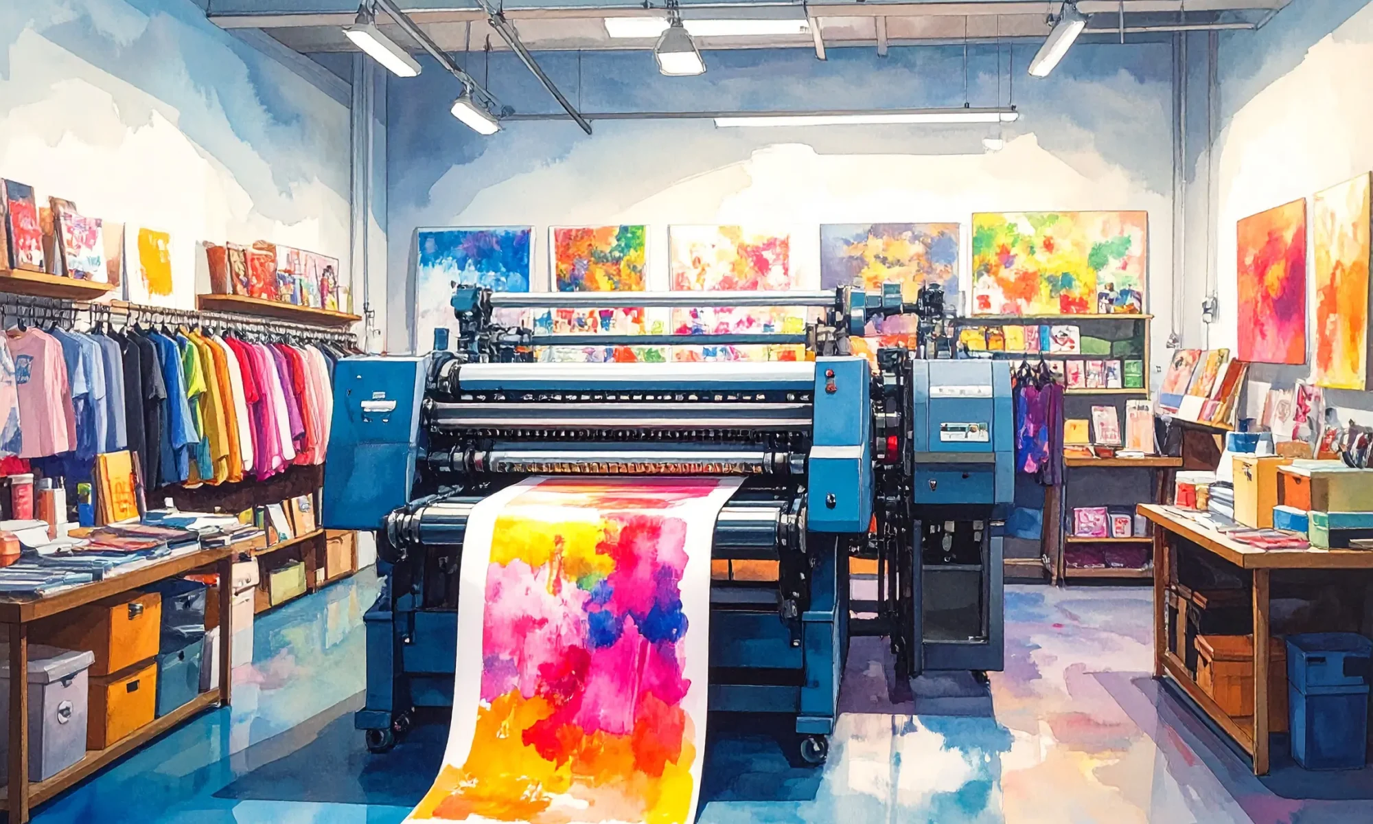 Artistic printing room at Bluesdigital showcasing high-quality printing services in Newtown Powys