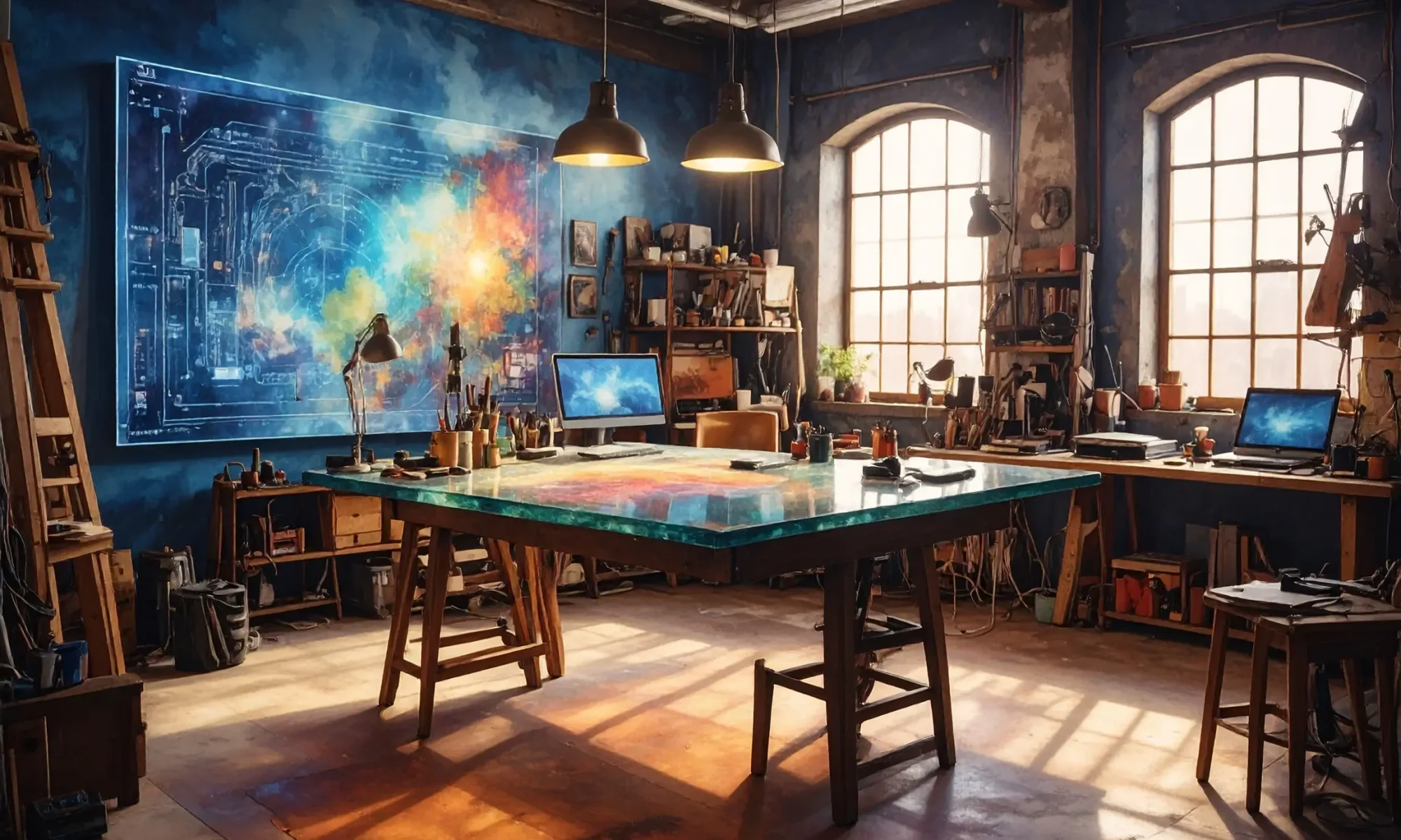 Artistic loft workspace with desktop PCs and laptops, representing Bluesdigital computer services in Newtown, Powys