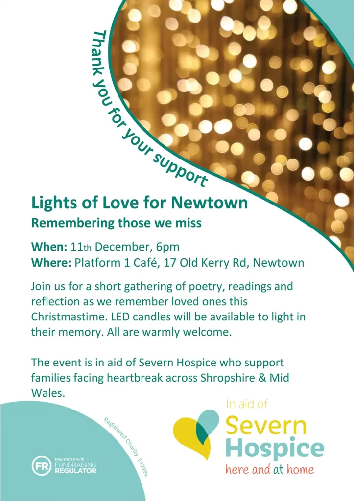 Lights of Love charity event poster featuring poetry readings, reflections, and a book reading by Rev’d Maggie Rich, supporting Severn Hospice