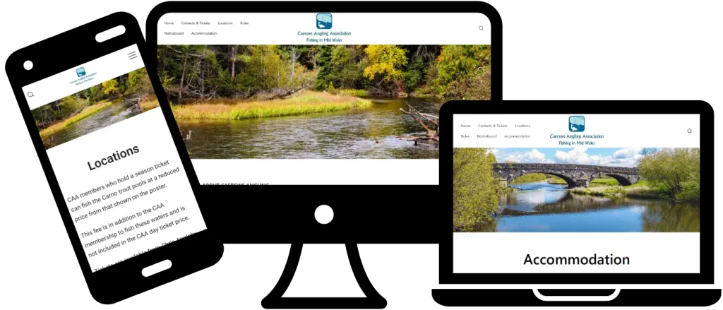 Mobile-friendly website for Caersws Angling Association displayed across multiple device screens.