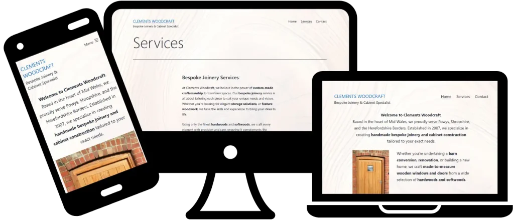 Artisan woodwork website layout displayed on laptop and mobile screens.