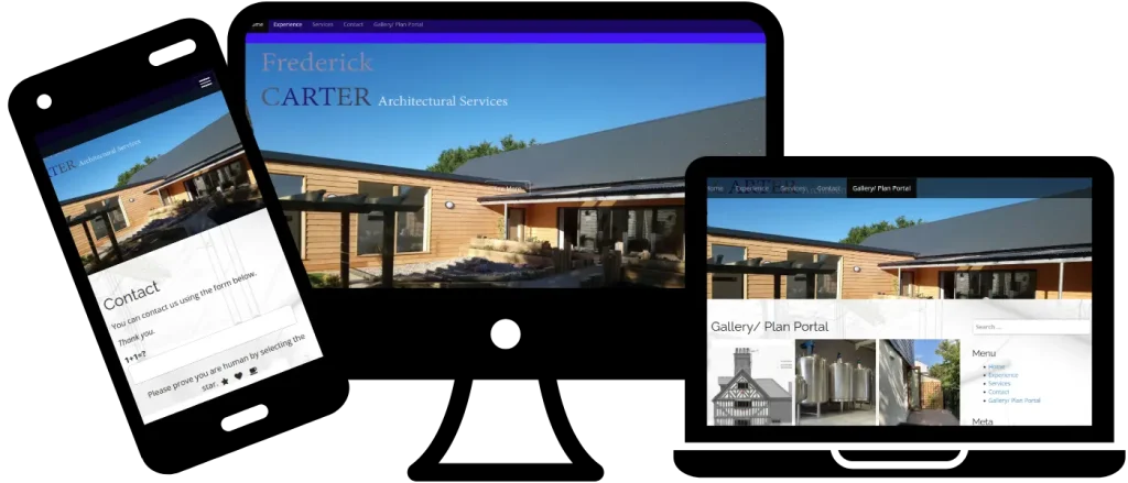 Architectural portfolio website mockup showing high-resolution display on monitor and laptop.