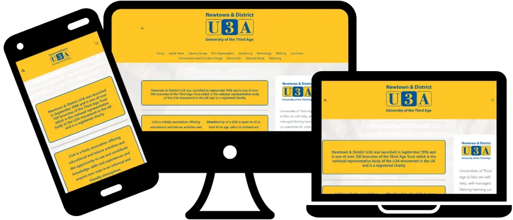 Community hub website design for U3A, fully responsive on all screen sizes.