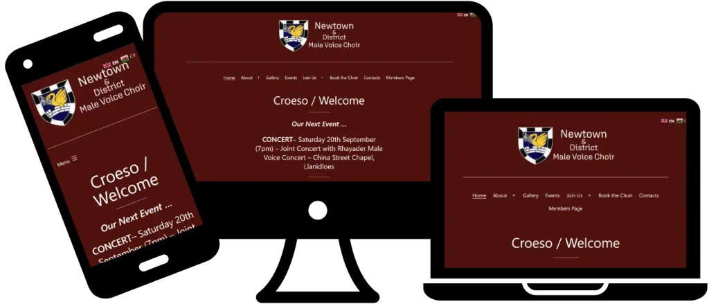Newtown Male Voice Choir website shown on tablet and mobile mockups.