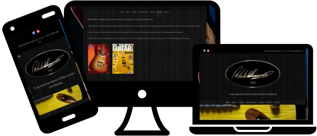 Premium guitar maker portfolio website shown on a high-definition monitor mockup.