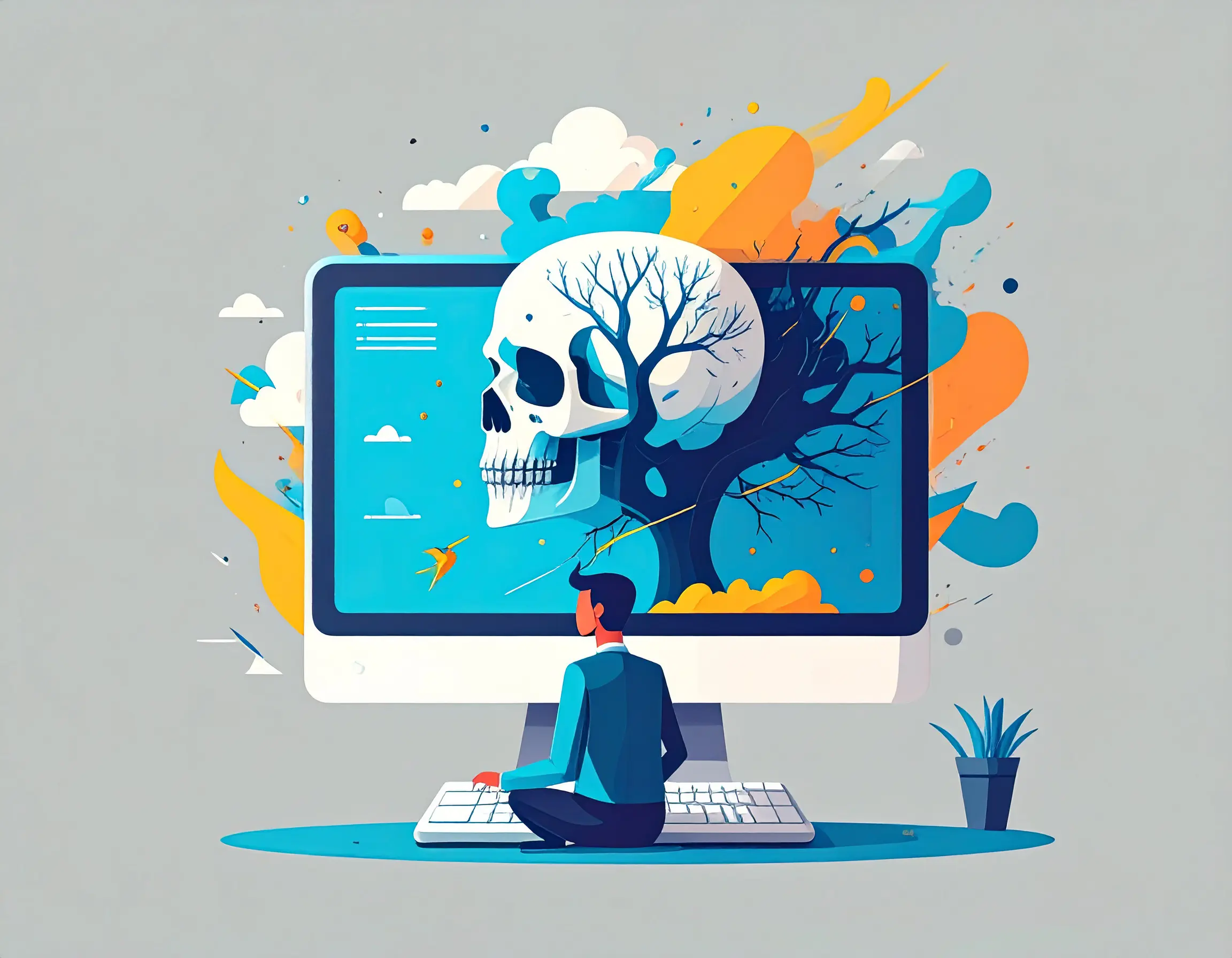 A cartoon-style image of a character sat cross-legged in front of a monitor with a skull protruding from the screen, symbolising a dead computer.