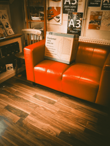 Components gathering on the couch in the Bluesdigital workshop.