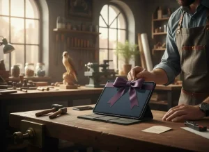 Tablet in workshop with purple ribbon, concept image for gifting and tech setup by Bluesdigital.