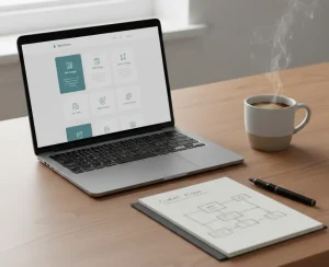 A clean, professional workspace featuring a laptop displaying an organized service-based website layout, a steaming cup of coffee, and a notebook with a "Client Flow" diagram on a wooden desk.