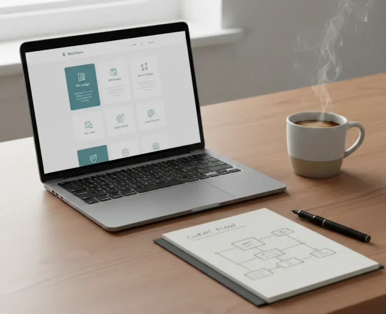 A clean, professional workspace featuring a laptop displaying an organized service-based website layout, a steaming cup of coffee, and a notebook with a "Client Flow" diagram on a wooden desk.