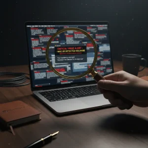 A magnifying glass inspecting a MacBook Air screen filled with fake virus pop-ups, representing a malware investigation by Bluesdigital in Newtown.