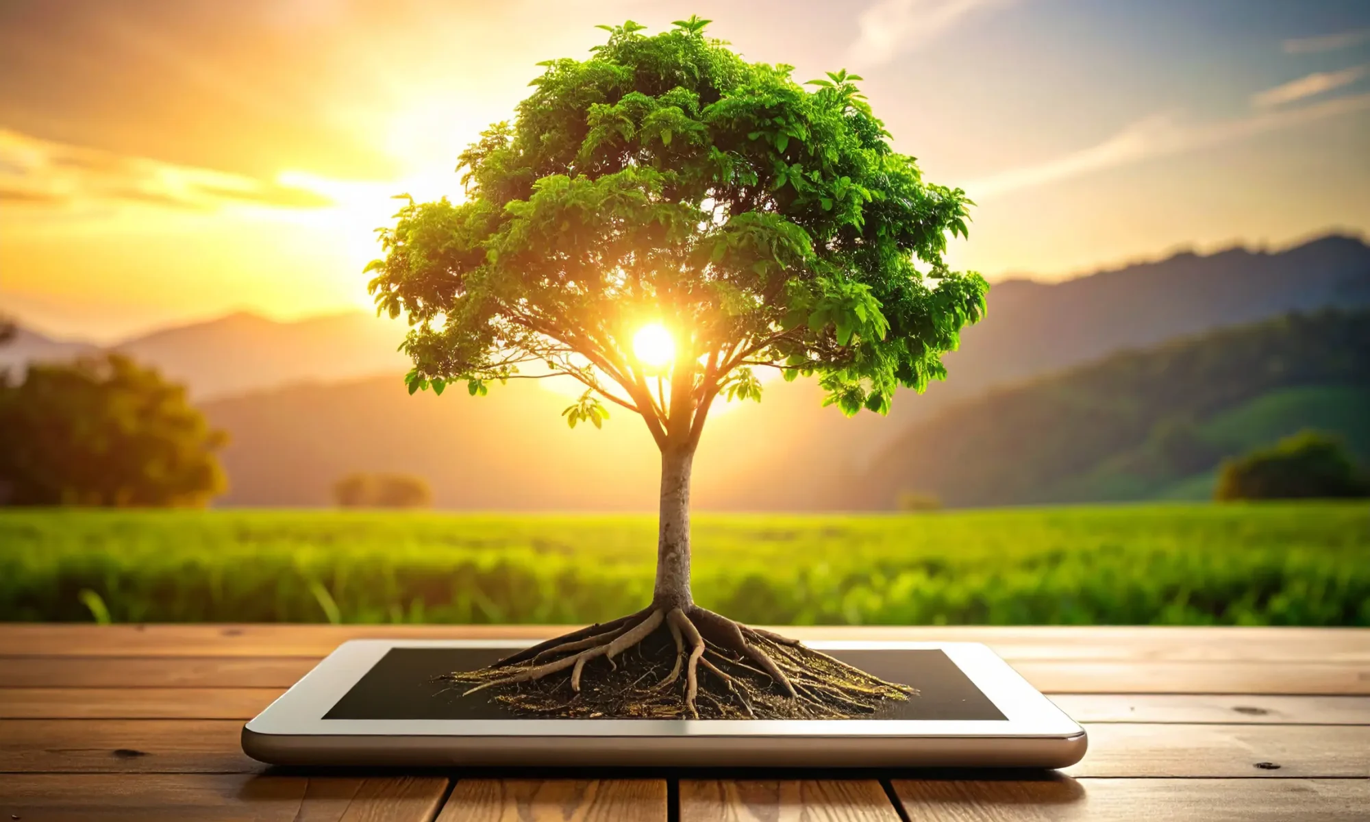 A professional office setting in Newtown showing a tree emerging from a tablet, symbolising how expert web design builds long-term value for small businesses.