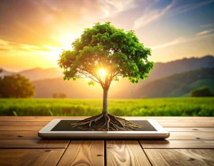 A professional office setting in Newtown showing a tree emerging from a tablet, symbolising how expert web design builds long-term value for small businesses.
