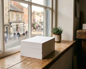 AI-generated photograph for illustrative purposes. A stack of white A5 flyers sits on a rustic wooden windowsill inside a print shop. T