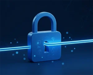 A 3D minimalist graphic featuring a large blue padlock with a glowing blue digital light beam passing through it, representing a secure home internet connection and encrypted web browsing.