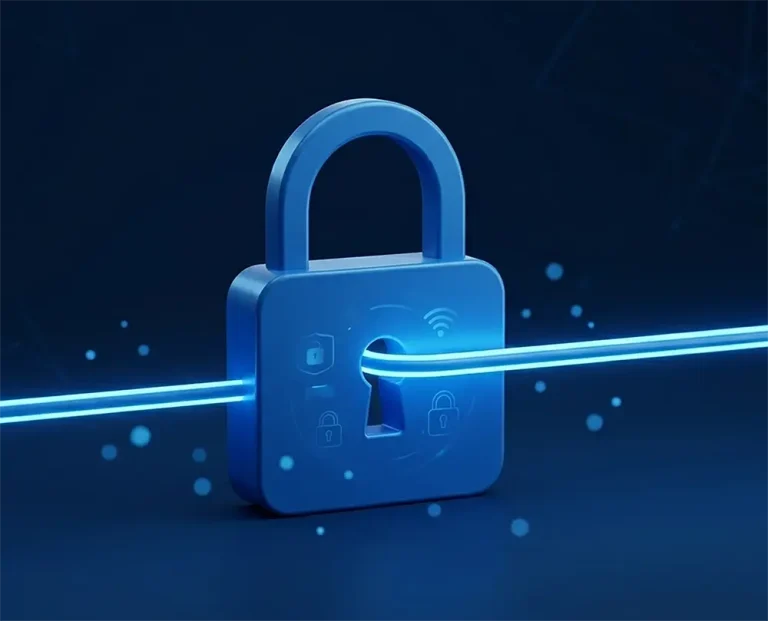 A 3D minimalist graphic featuring a large blue padlock with a glowing blue digital light beam passing through it, representing a secure home internet connection and encrypted web browsing.