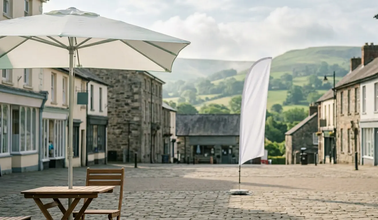 A peaceful AI generated, sunlit market square in Newtown, Powys, featuring a blank white custom-printed parasol and feather flag against a backdrop of rolling green hills.