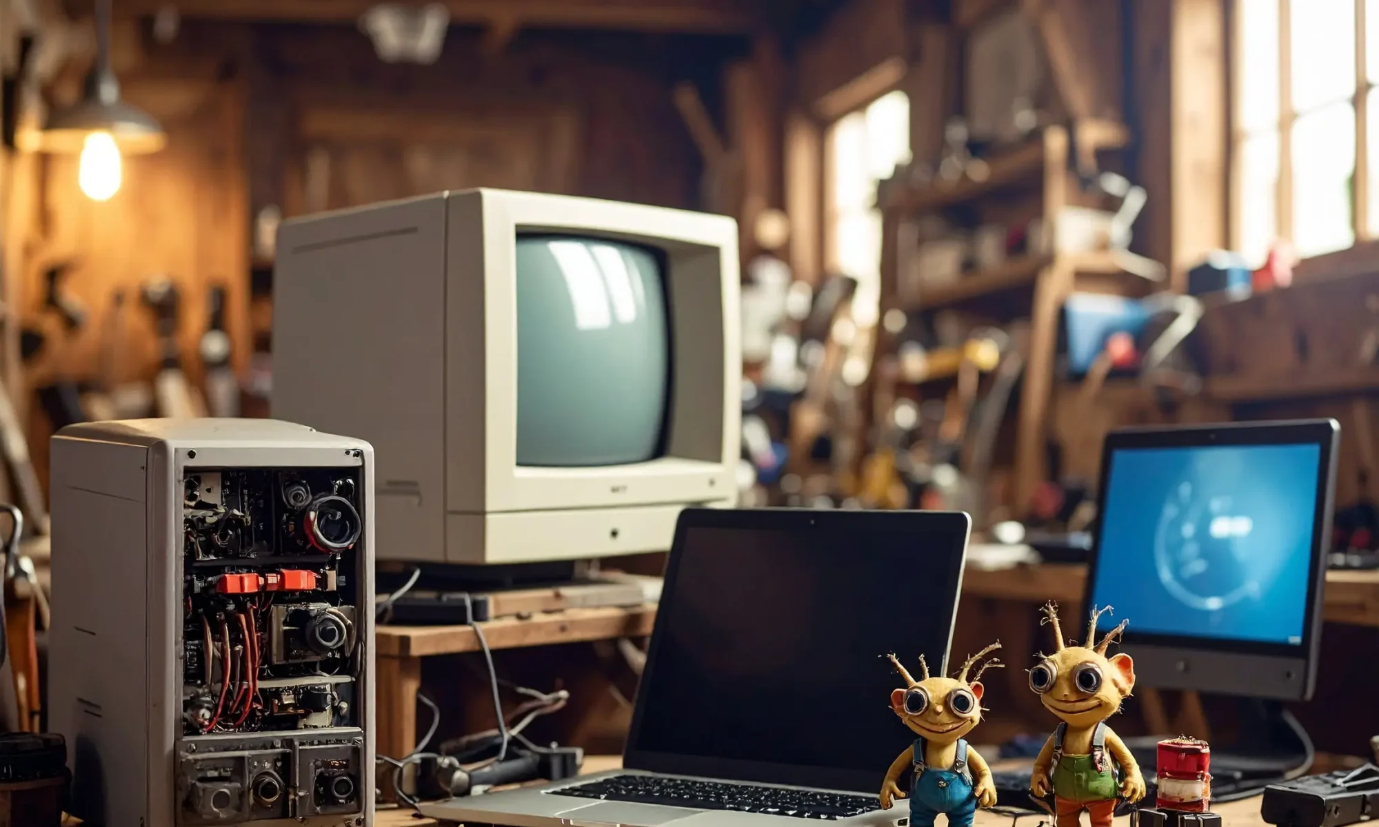 AI Image of a wooden workshop. There are PCs, Laptops and googly-eyed gremlins. Illustrating to behind the scenes of a Bluesdigital Friday 13th day.