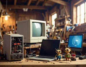 AI Image of a wooden workshop. There are PCs, Laptops and googly-eyed gremlins. Illustrating to behind the scenes of a Bluesdigital Friday 13th day.