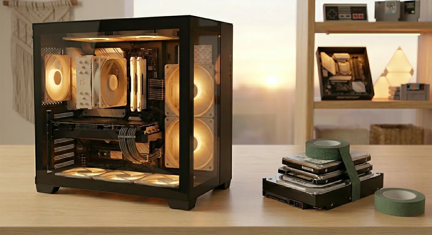 An AI-generated conceptual image from Bluesdigital, illustrating a high-end custom gaming PC with warm amber lighting and pristine cable management, sitting next to a pile of messy, taped-together hard drives. A perfect visualisation of the difference between a professionally built and a budget gaming PC that may be unfit for purpose.