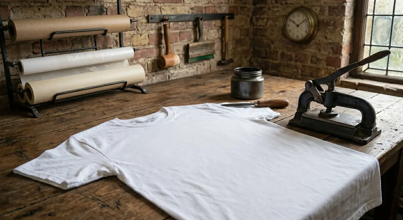 An AI-generated image of a clean, plain white cotton T-shirt laid out on a rustic, weathered wooden workbench. The setting has a vintage workshop aesthetic with exposed brick walls, an old-fashioned manual heat press, and rolls of paper in the background. The scene represents the practical, "rescue" nature of a quick printing job in a local setting.