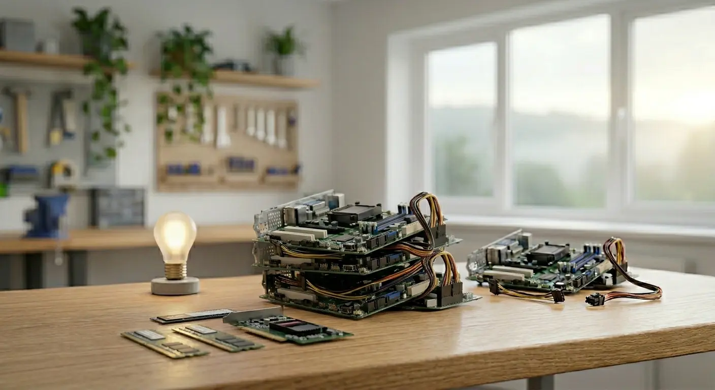 AI-generated image of a clean computer repair workbench in Newtown, showing a salvaged NVME SSD, RAM, and graphics card alongside a failed Dell motherboard, illustrating the "Repair & Reuse" process at Bluesdigital.