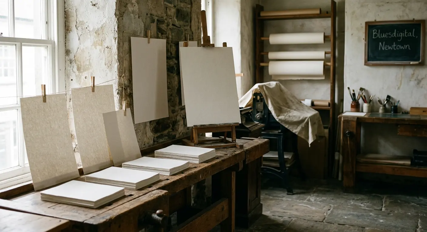 A tranquil AI-generated scene from a traditional workshop specialising in printing Newtown event materials. Soft daylight illuminates plain, unprinted posters and flyers displayed on a rustic wooden workbench and hanging from a twine line with wooden pegs. The background features vintage printing equipment and a chalkboard, creating a calm, high-quality atmosphere for local community print work.