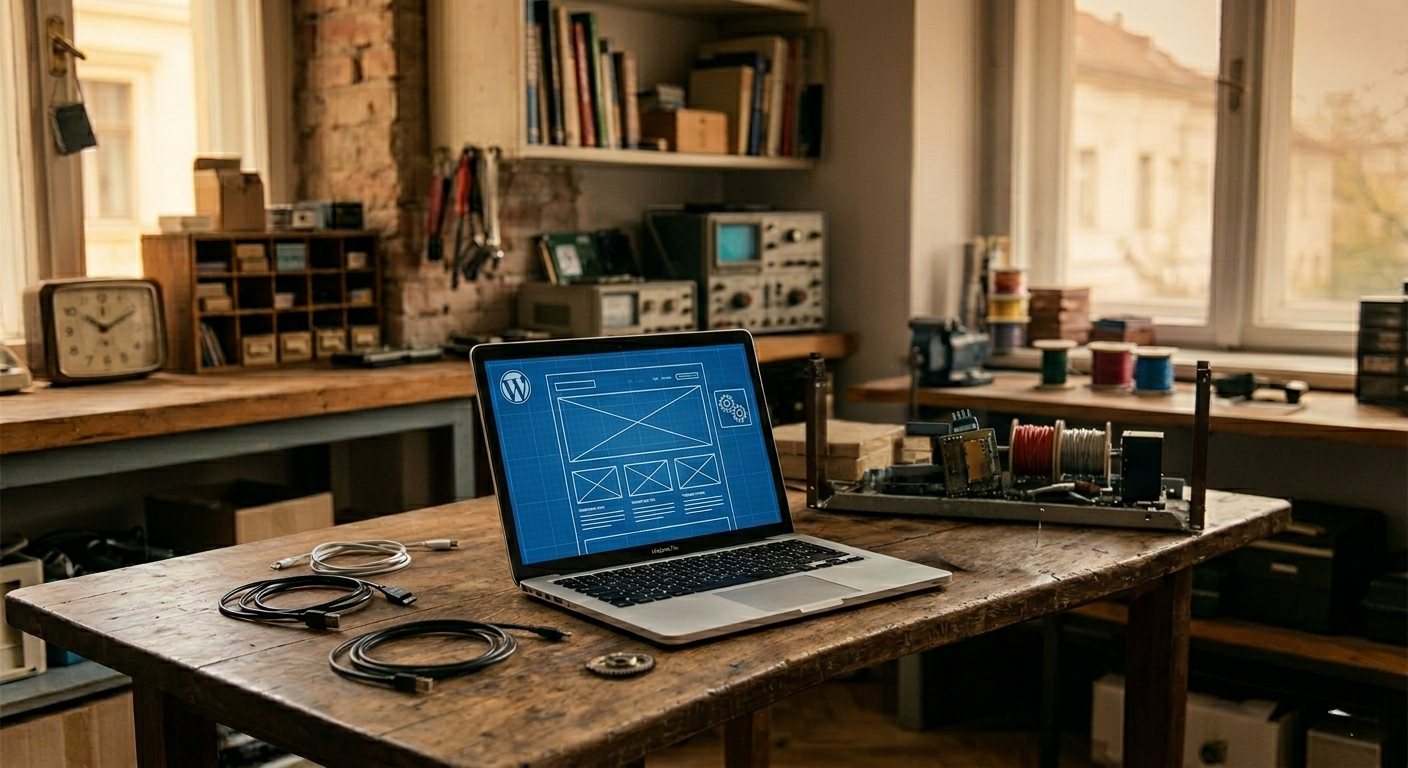An AI-generated image of a blueprint for a professional WordPress website design layout displayed on a laptop in a rustic Newtown workshop, representing the Bluesdigital over-the-counter local service.