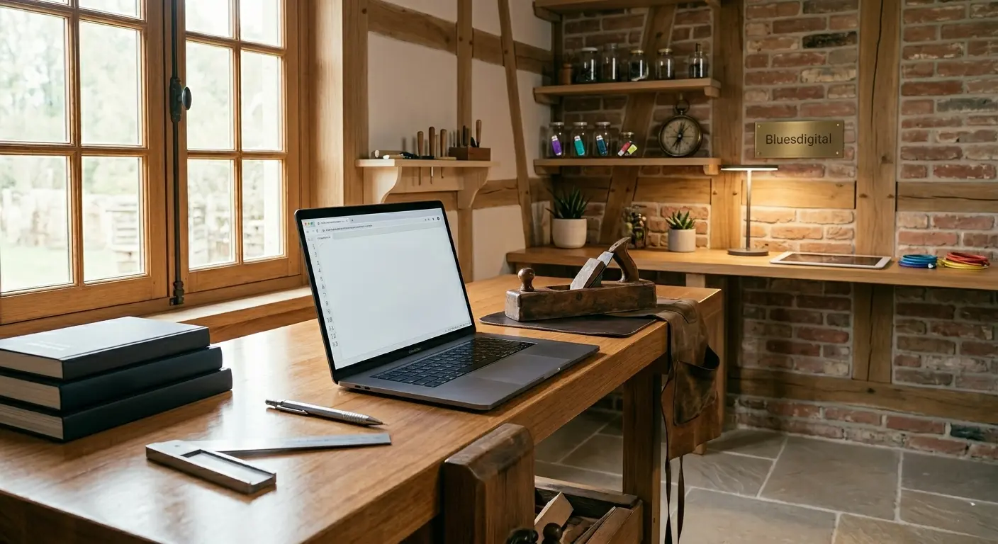 A cosy, well-lit office and workshop blend. A laptop sits open on a rustic wooden desk, displaying lines of code. It summons the idea of how to craft a good website with good alt-text.