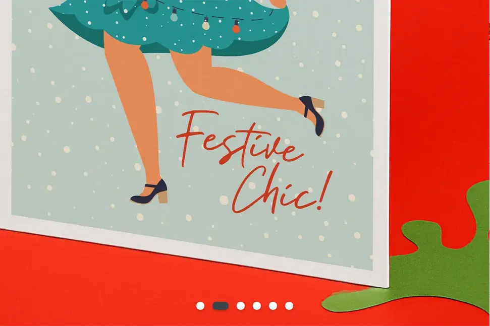 A close-up of the corner of a Christmas Card that says ' Festive Chic!' underneath the dancing legs of a female dancer. The card is set against a red background with a green splash.