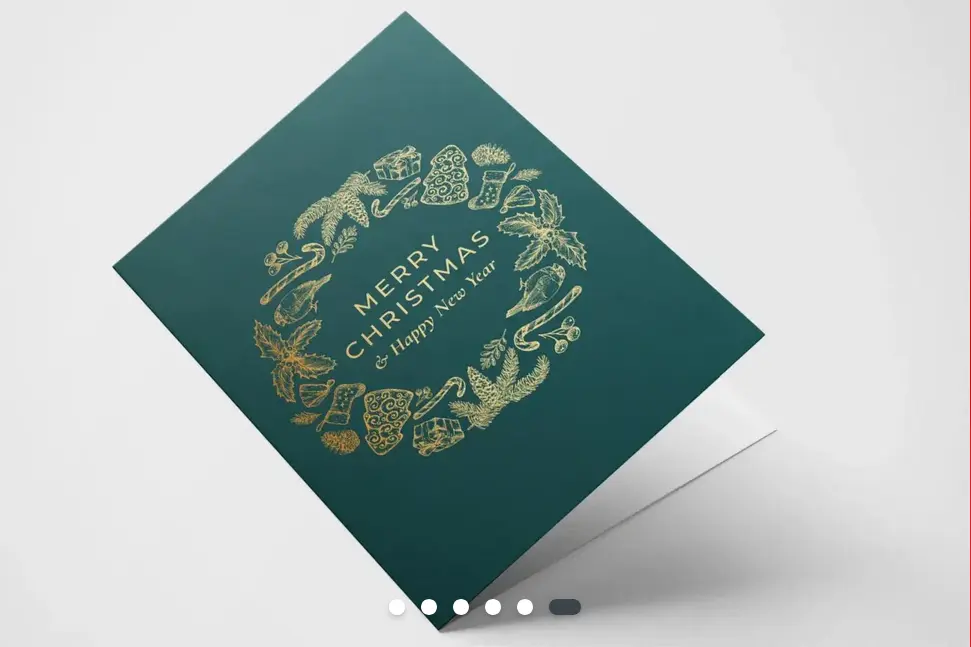 A green Christmas card with gold foil images in a circle around the words Merry Christmas and Happy New Year.