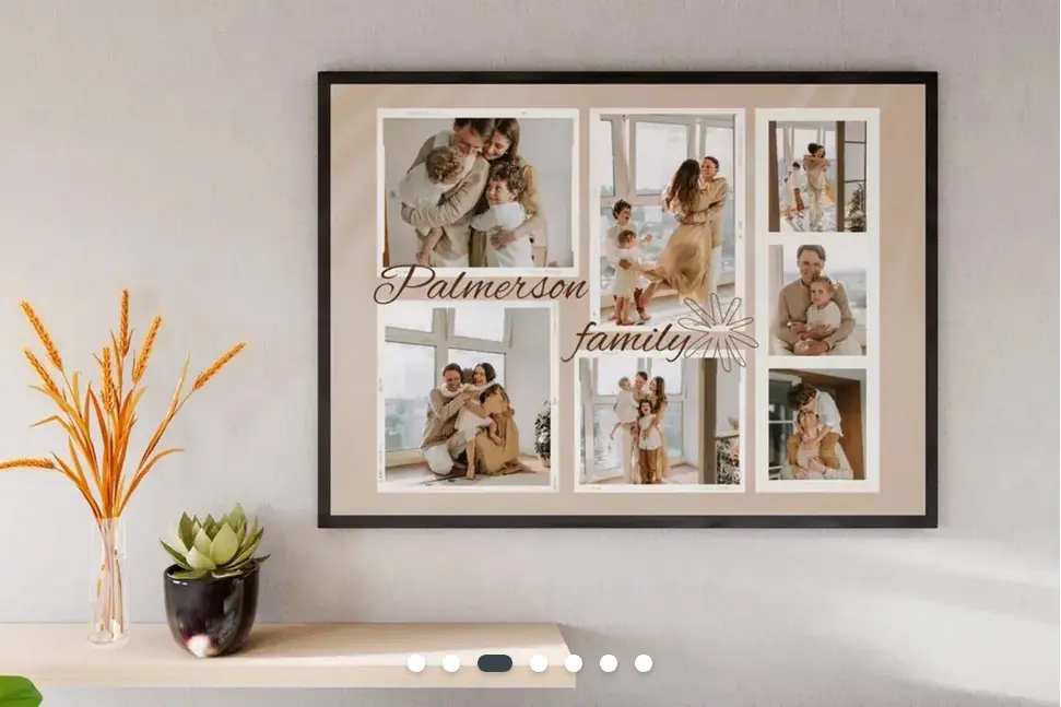A hallway setting with a shelf displaying a succulent and dried flowers. Hanging on the oatmeal wall is a photo print in a black frame. There are seven different photos of a happy family. It looks professional.