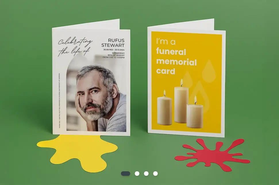 Two very different memorial card designs on a green background with colourful splashes.