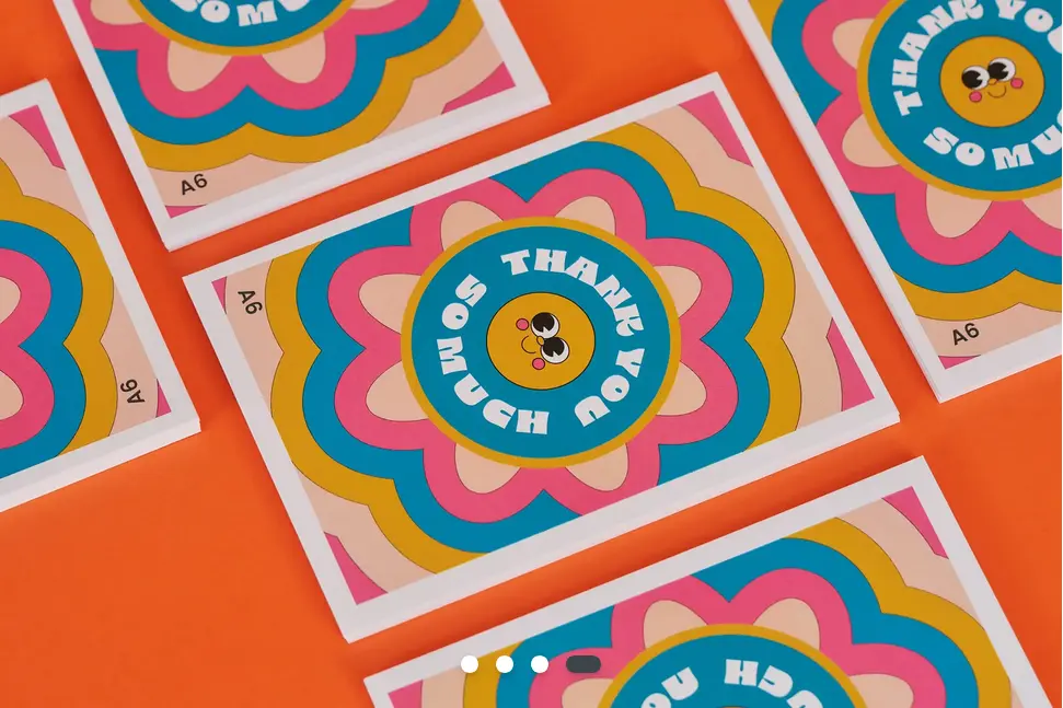 An A6 hippy-style postcard with the words thank you so much and a smiley face.