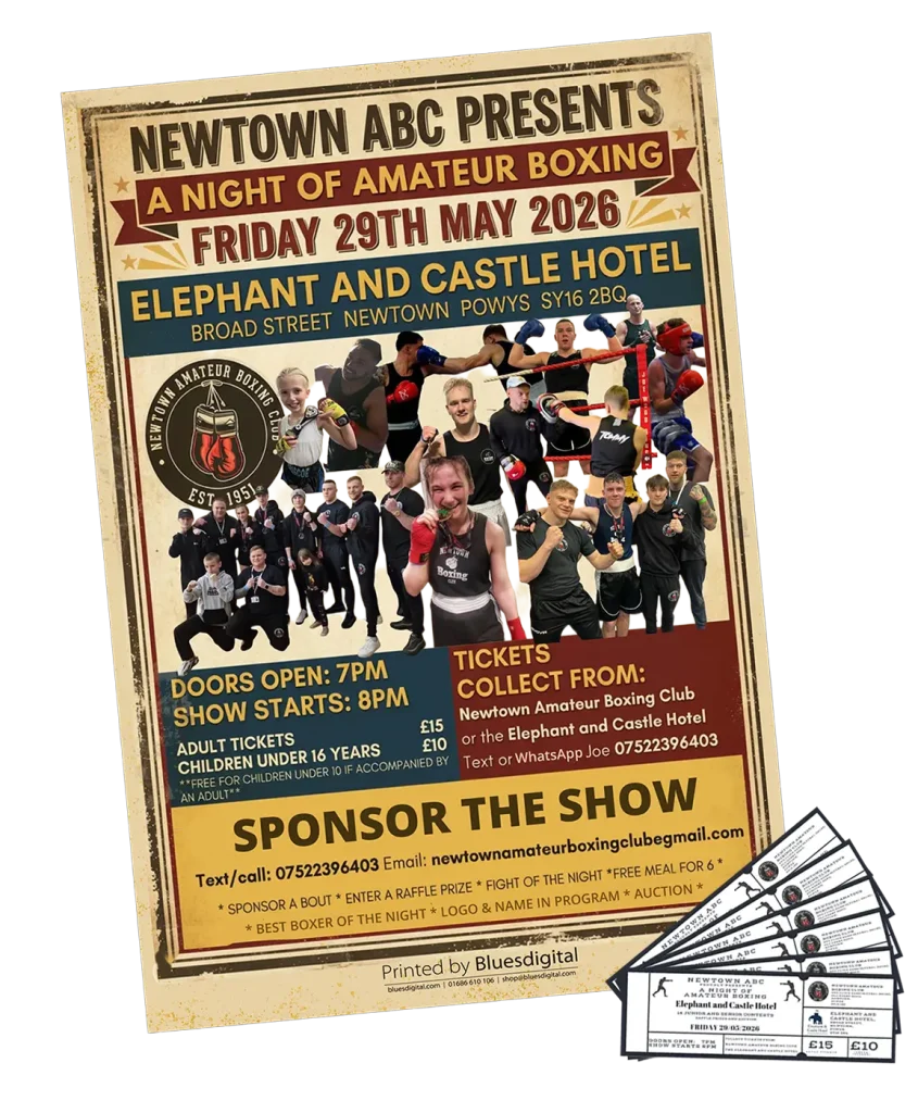 Custom event poster and tickets printed by Bluesdigital for the Newtown ABC boxing show. The poster has an old-timey feel, and both the poster and tickets have the club logo.