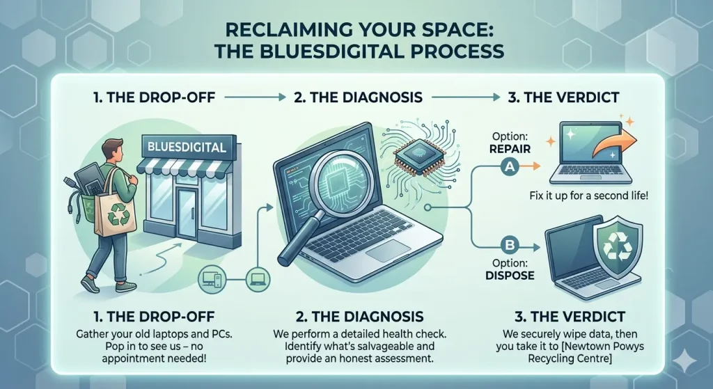 Infographic for Bluesdigital's step-by-step process for Newtown computer repair, laptop diagnosis, and data wiping
