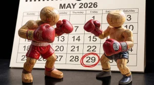 AI-generated image of two toy boxers in front of a calendar with the 29th May circled. Referencing the date for the Newtown boxing event for which Bluedigital printed tickets and posters.